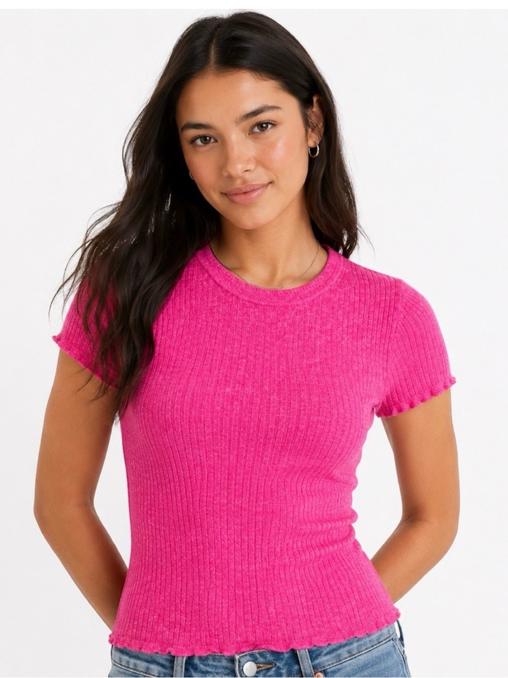 J. Crew Hot Pink Ribbed Short-Sleeve Knit Top